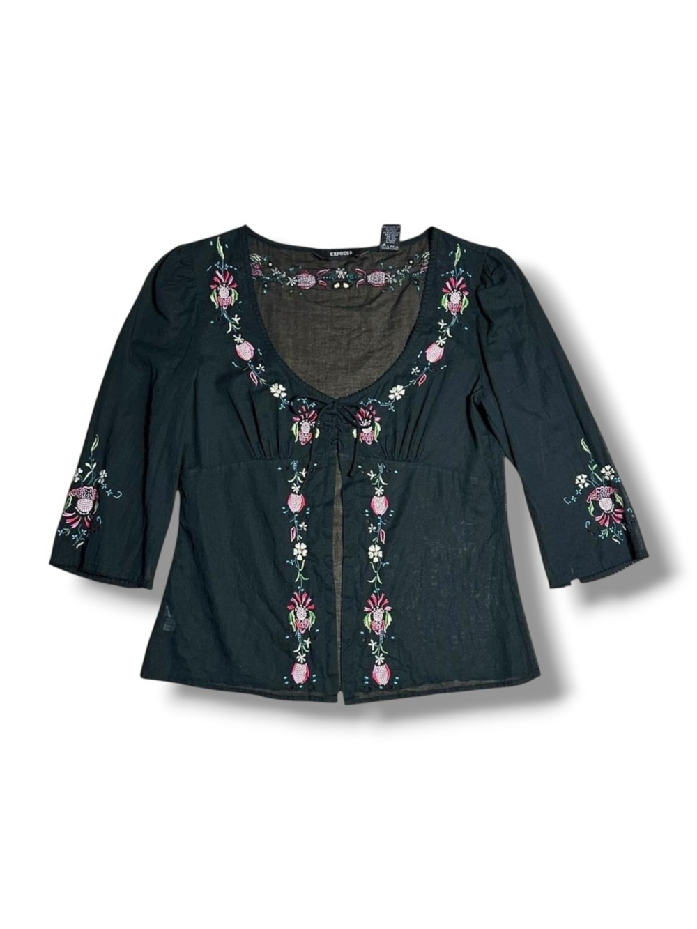 Express Embroidered Floral 100% Cotton Eyelet Milkmaid Empire Waist Top 7/8